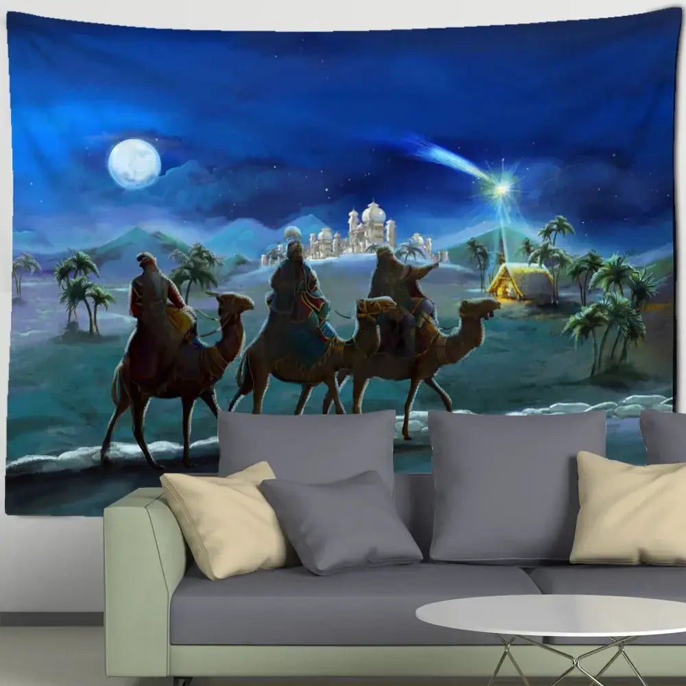 A vibrant blue camel printed polyester christmas tapestry featuring the three wise men for home decor by decorbites