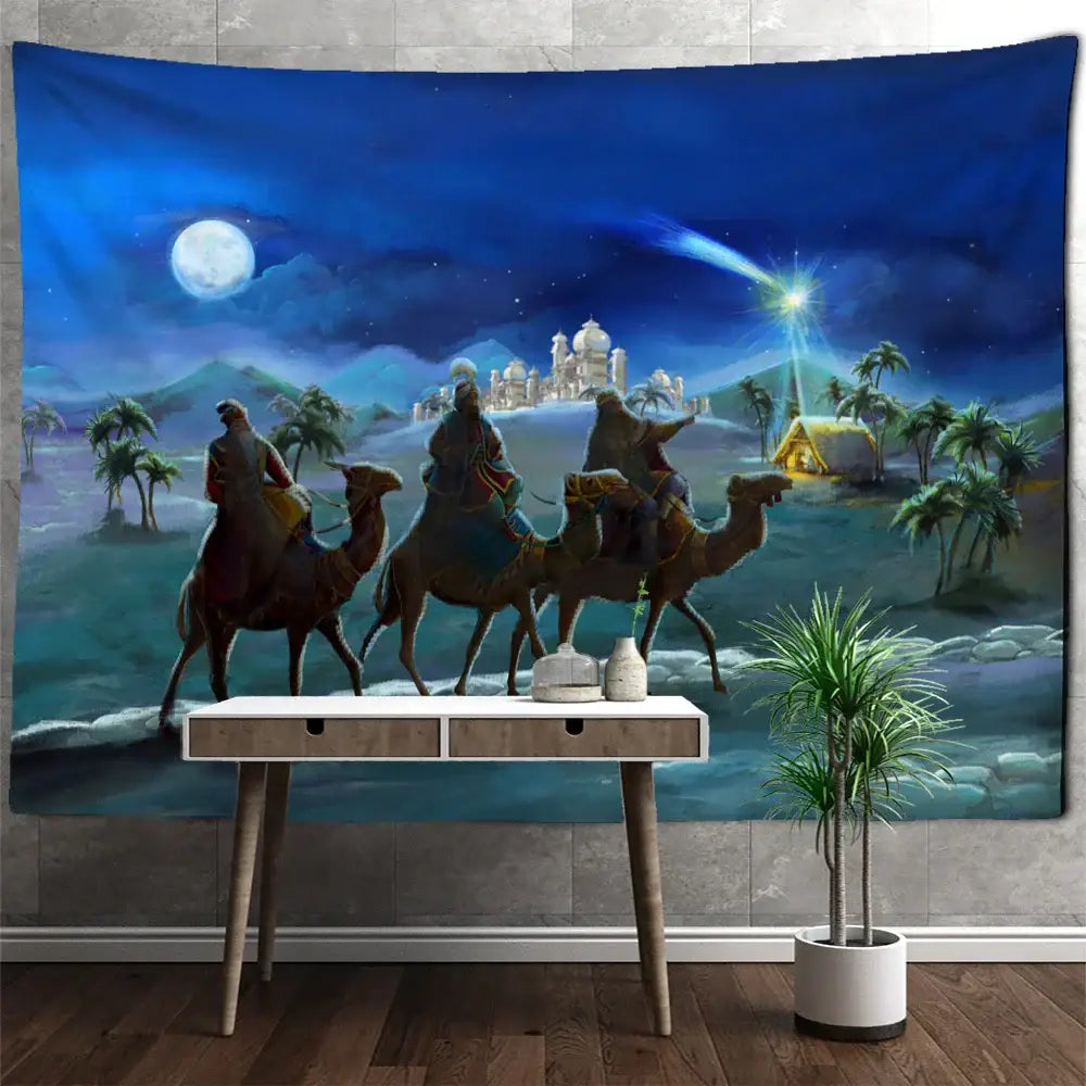 Blue camel printed polyester christmas tapestry featuring three wise men under a bright star for home decor