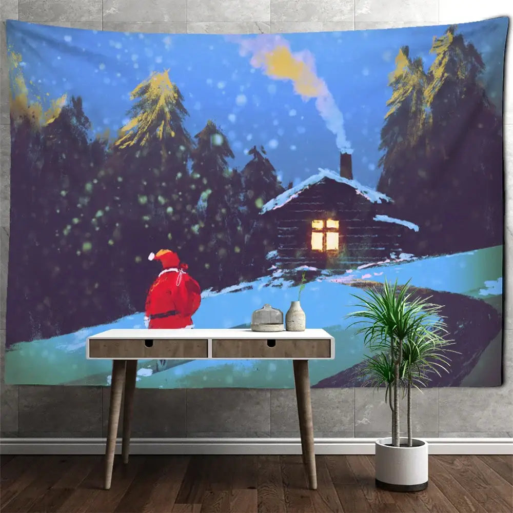 Blue camel printed polyester christmas tapestry featuring snowy forest, cozy cabin, and santa for home decor