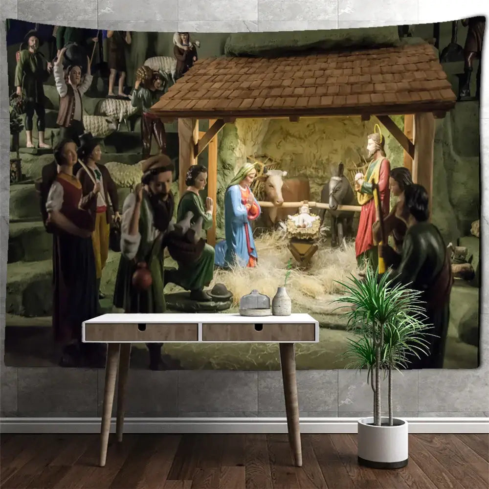 A blue camel printed polyester christmas tapestry with detailed nativity scene for elegant home decor