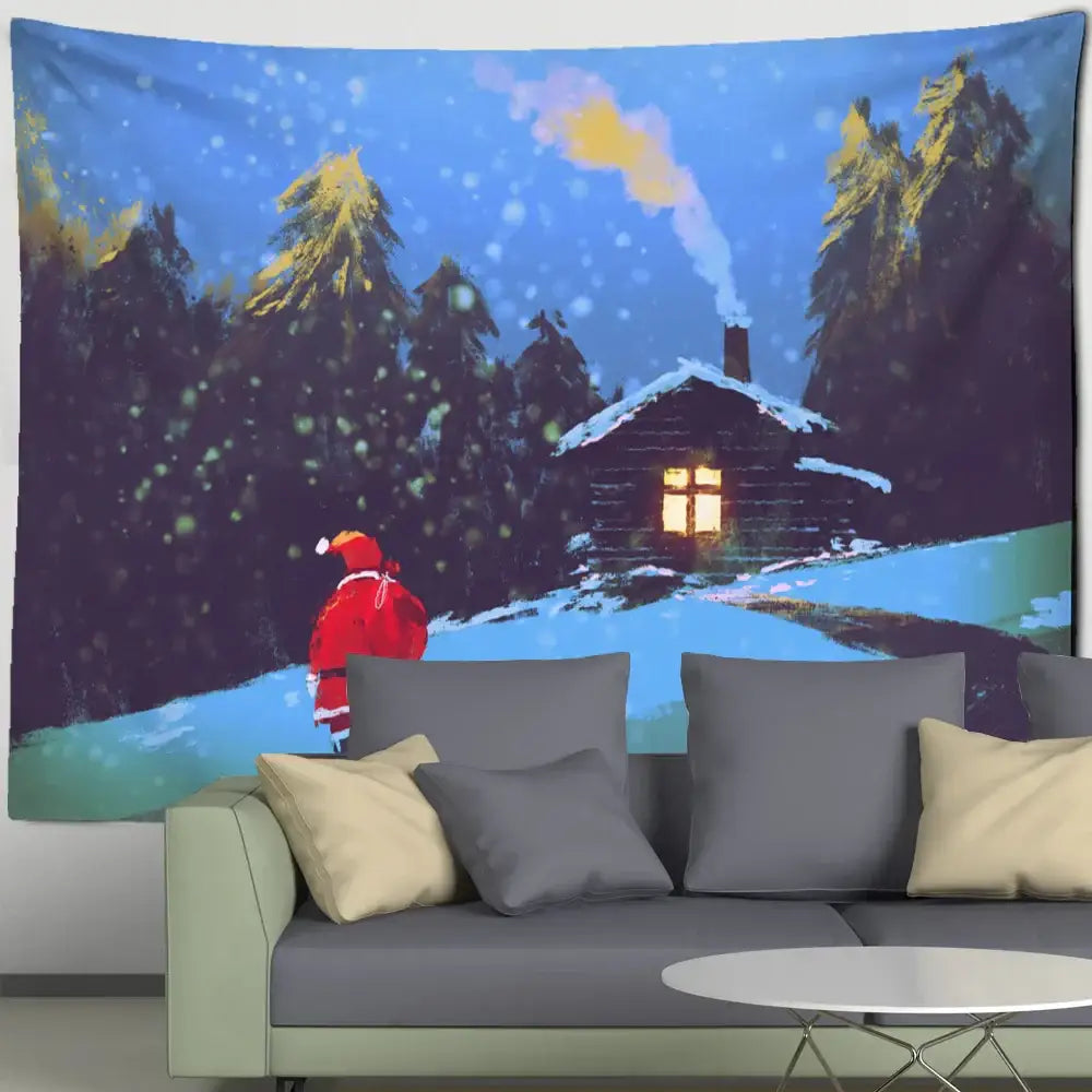 Blue camel printed polyester christmas tapestry home decor featuring santa and log cabin in snowy pine trees