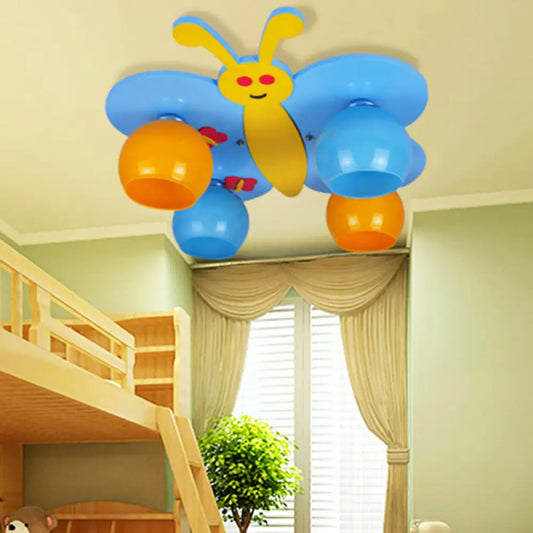 DecorBites™ Blue Cartoon Butterfly Ceiling Lamp with 4 Wooden Heads for Kid's Room