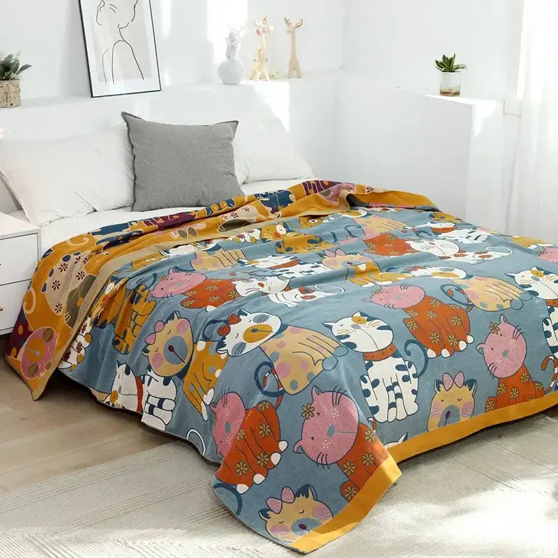 Blue cartoon cat summer quilt cotton leisure blanket with playful multicolor cartoon cat pattern and mustard-yellow trim