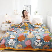 Cozy blue cotton leisure blanket with colorful cartoon cat summer pattern and orange border by decorbites cartoon cat