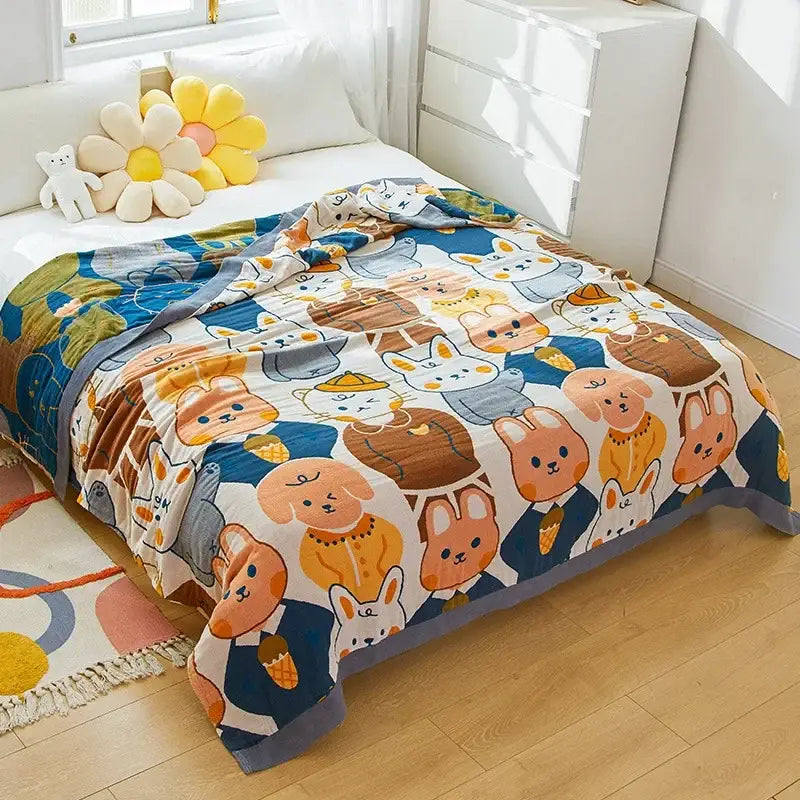 Blue cartoon cat summer quilt cotton leisure blanket with playful cartoon cat pattern and gray trim for decorbites decor
