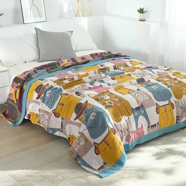 Blue cartoon cat summer quilt featuring multicolored cotton blanket with playful decorbites cartoon cat pattern and teal border