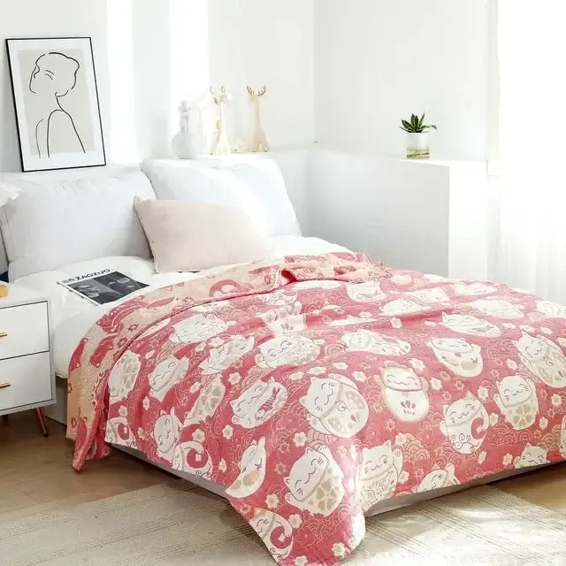 Pink cotton leisure blanket with white and beige lucky cat pattern for decorbites cartoon cat summer bedroom decor