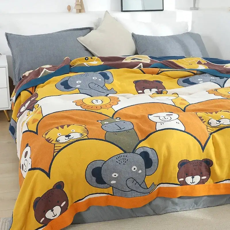 Yellow and orange cotton plush blanket with cartoon animal prints for decorbites cartoon cat summer bedroom use