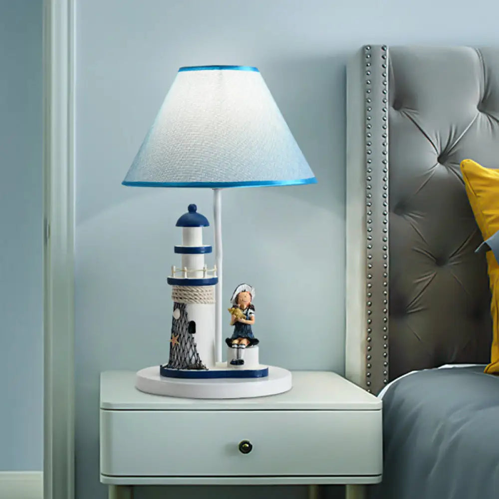 Blue Cartoon Girl/Boy Barrel Shade Night Light: Kids Fabric Table Lamp with Lighthouse Decor