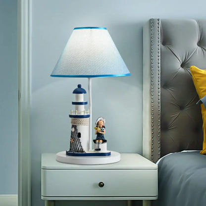 Blue Cartoon Girl/Boy Barrel Shade Night Light: Kids Fabric Table Lamp with Lighthouse Decor
