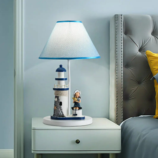 Blue Cartoon Girl/Boy Barrel Shade Night Light: Kids Fabric Table Lamp with Lighthouse Decor
