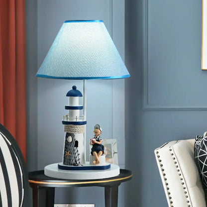 Blue Cartoon Girl/Boy Barrel Shade Night Light: Kids Fabric Table Lamp with Lighthouse Decor