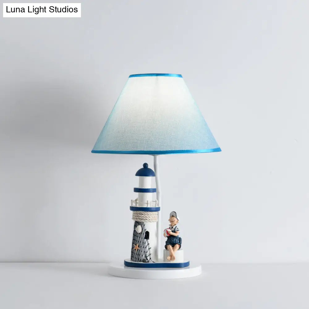 Blue Cartoon Girl/Boy Barrel Shade Night Light: Kids Fabric Table Lamp with Lighthouse Decor