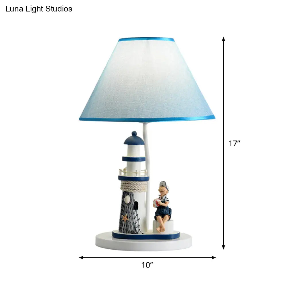 Blue Cartoon Girl/Boy Barrel Shade Night Light: Kids Fabric Table Lamp with Lighthouse Decor