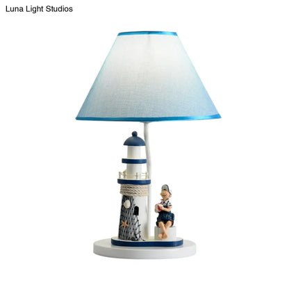 Blue Cartoon Girl/Boy Barrel Shade Night Light: Kids Fabric Table Lamp with Lighthouse Decor