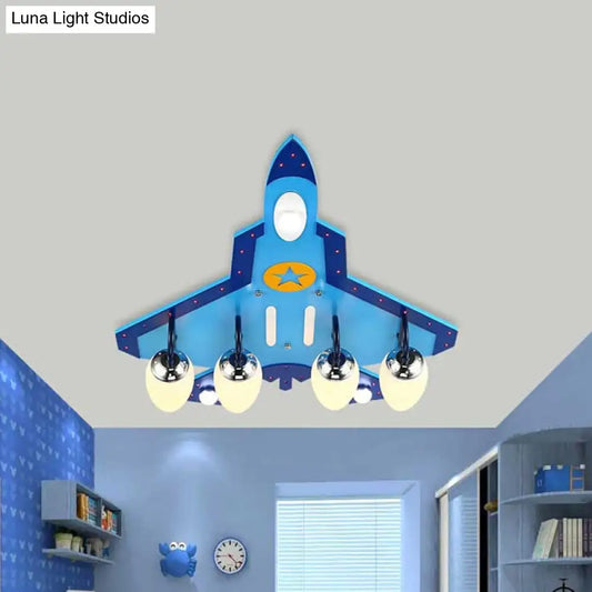 DecorBites™ Blue Cartoon Plane Close-to-Ceiling Flushmount Lamp with Warm/White Lighting - 3/5 Bulb Wooden Design