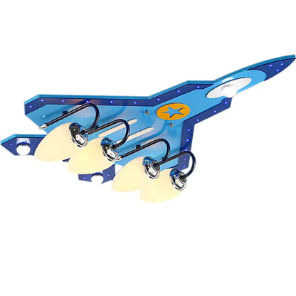 مصباح DecorBites™‎ أزرق على شكل طائرة كرتونية، مثبت على السقف، بإضاءة دافئة/بيضاء - تصميم خشبي بثلاثة مصابيح ونصف