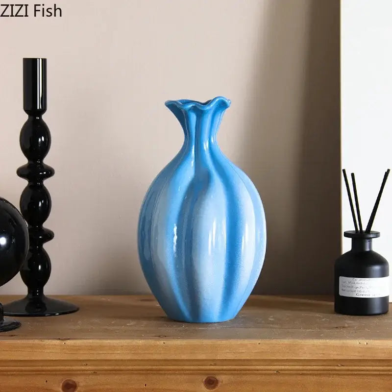 Glossy light blue decorbites blue ceramic flower bud vase with fluted ruffled rim and vertical ridges for living room decor