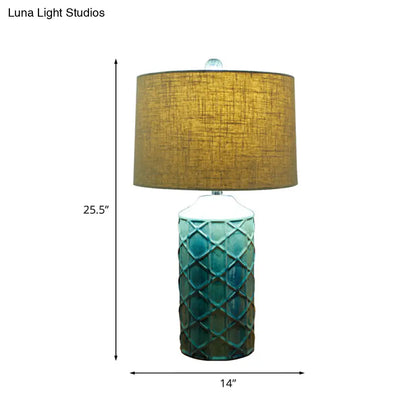 Blue Ceramic Nightstand Lamp with Rustic Lattice Design and Fabric Shade