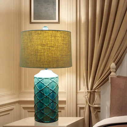 Blue Ceramic Nightstand Lamp with Rustic Lattice Design and Fabric Shade