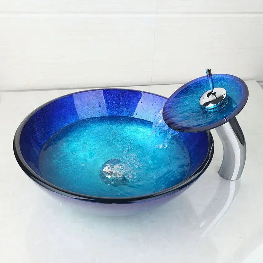 Vibrant blue chrome tall waterfall faucet and glass sink set by decorbites for modern bathroom sink set decor