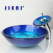Blue chrome tall waterfall faucet and glass sink set featuring a blue gradient glass vessel sink for bathroom decorbites blue chrome