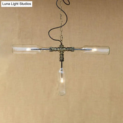 Lámpara colgante de cristal azul/transparente - Diseño antiguo y elegante con forma de botella, 3 luces - Ideal para el comedor