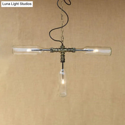 Blue/Clear Glass Chandelier Pendant Light - Antique Stylish Bottle Design, 3 Lights - Ideal for Dining Room