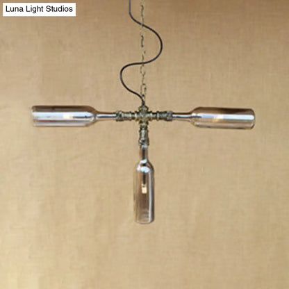 Lámpara colgante de cristal azul/transparente - Diseño antiguo y elegante con forma de botella, 3 luces - Ideal para el comedor