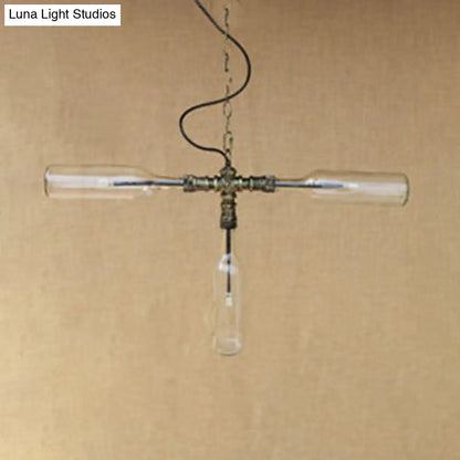 Lámpara colgante de cristal azul/transparente - Diseño antiguo y elegante con forma de botella, 3 luces - Ideal para el comedor