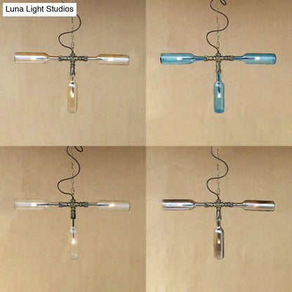 Lámpara colgante de cristal azul/transparente - Diseño antiguo y elegante con forma de botella, 3 luces - Ideal para el comedor
