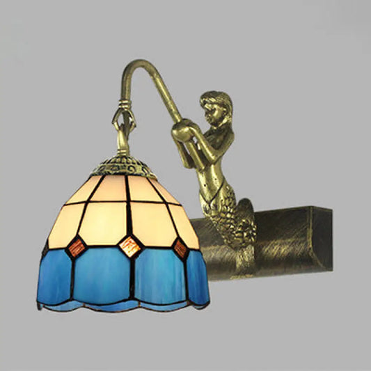 Blue/Clear Glass Dome Wall Light Fixture with Baroque Sconce Detailing and Mermaid Backplate