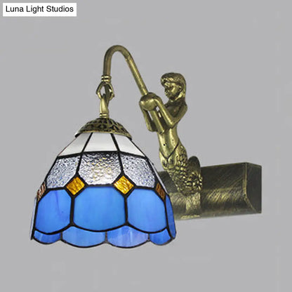 Blue/Clear Glass Dome Wall Light Fixture with Baroque Sconce Detailing and Mermaid Backplate