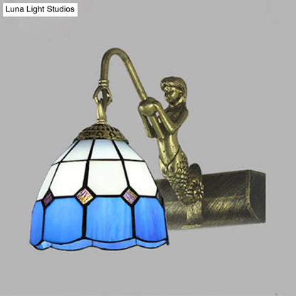 Blue/Clear Glass Dome Wall Light Fixture with Baroque Sconce Detailing and Mermaid Backplate