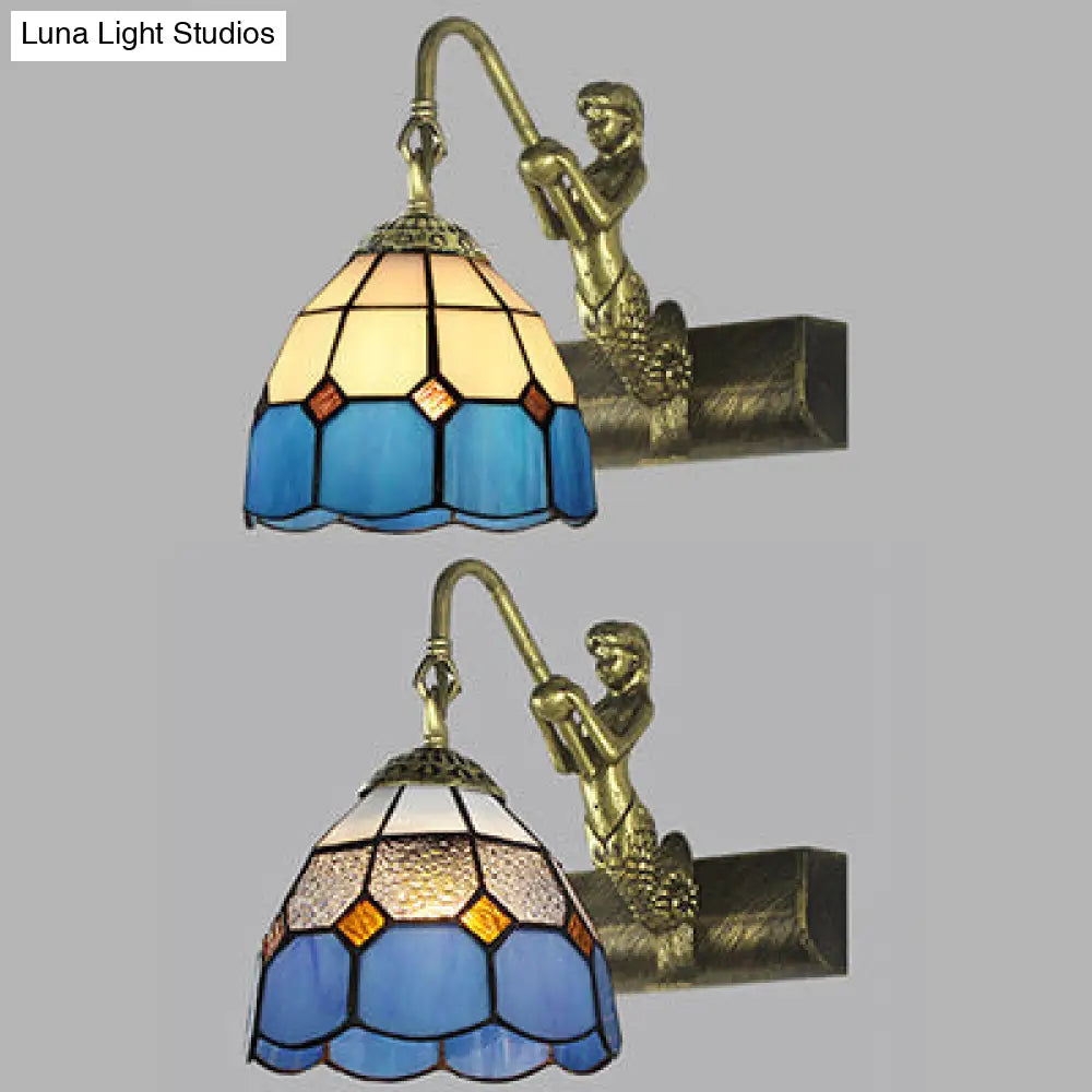 Blue/Clear Glass Dome Wall Light Fixture with Baroque Sconce Detailing and Mermaid Backplate