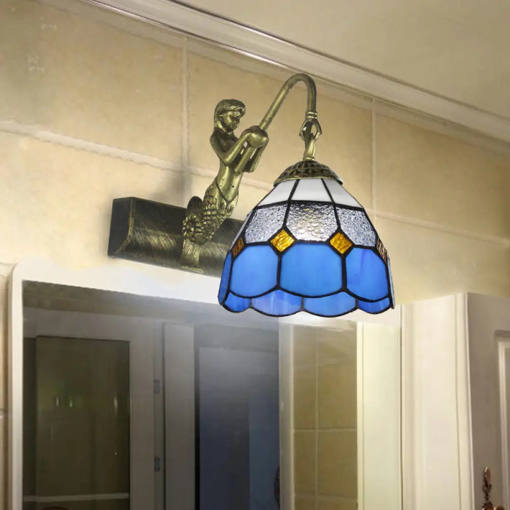 Blue/Clear Glass Dome Wall Light Fixture with Baroque Sconce Detailing and Mermaid Backplate
