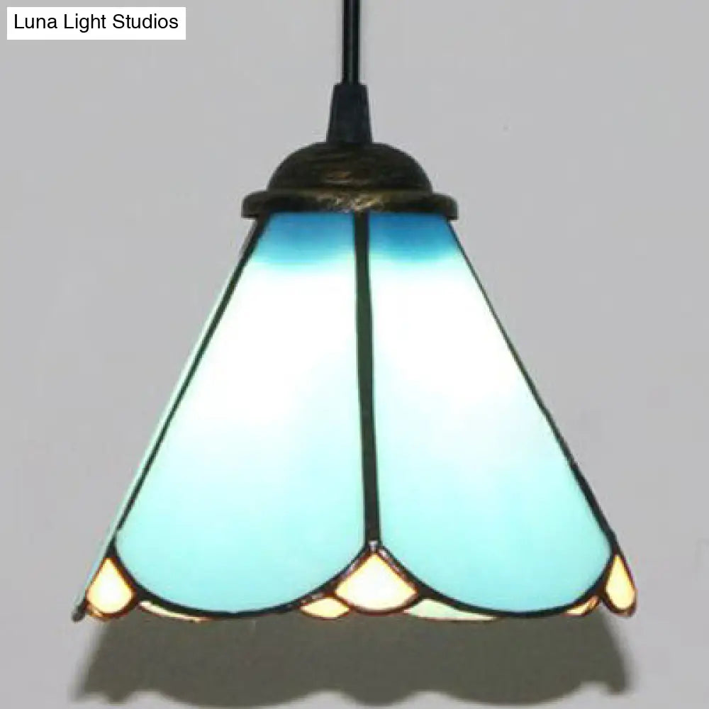 Blue & Clear Glass Tiffany Conical Pendant Light - Dining Room Ceiling Suspension Lamp