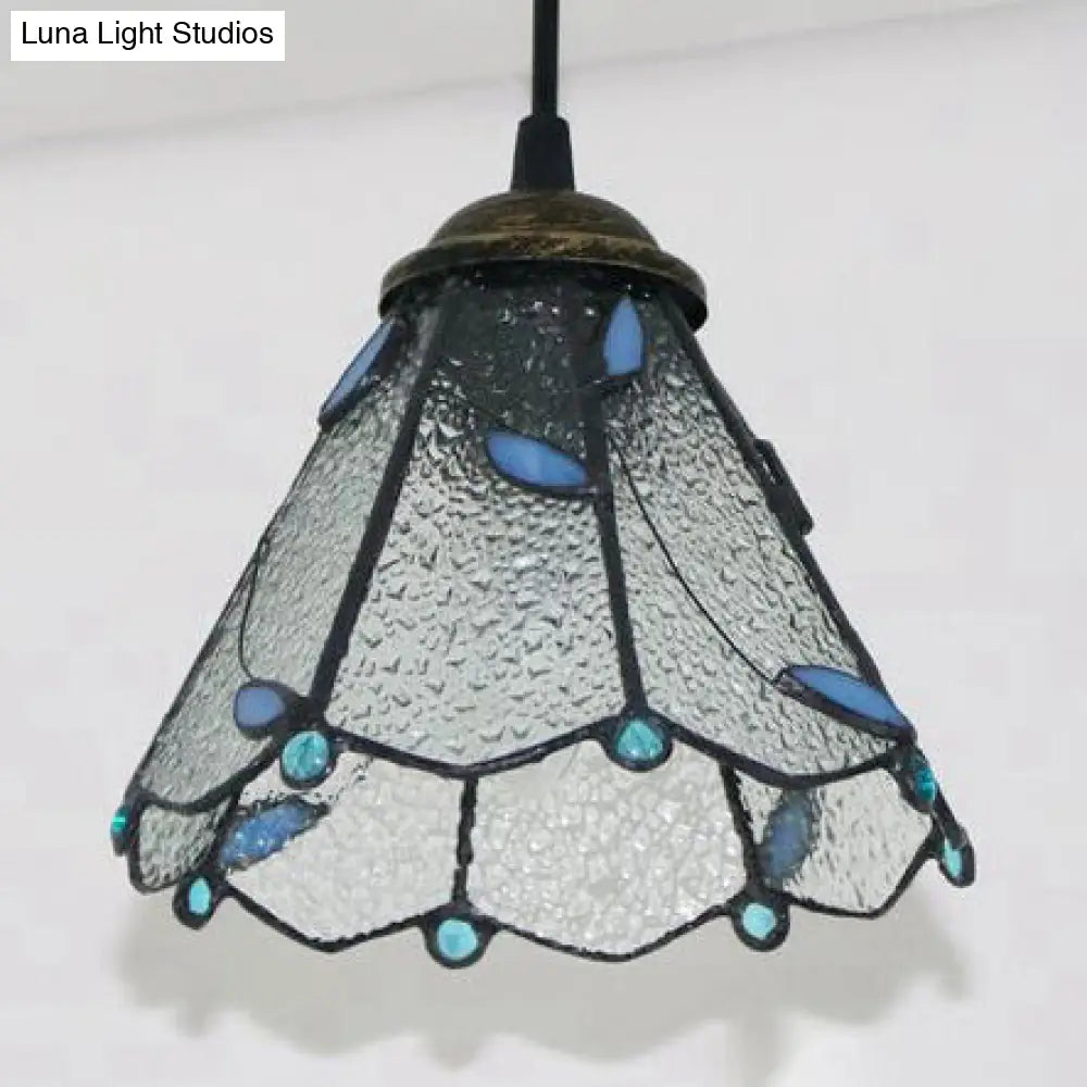 Blue & Clear Glass Tiffany Conical Pendant Light - Dining Room Ceiling Suspension Lamp