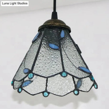 Blue & Clear Glass Tiffany Conical Pendant Light - Dining Room Ceiling Suspension Lamp