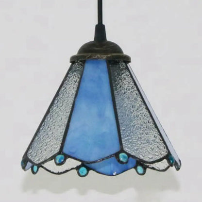 Blue & Clear Glass Tiffany Conical Pendant Light - Dining Room Ceiling Suspension Lamp