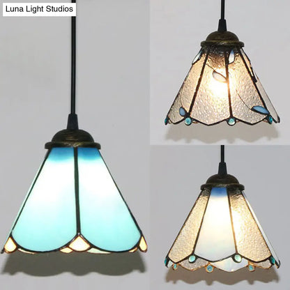 Blue & Clear Glass Tiffany Conical Pendant Light - Dining Room Ceiling Suspension Lamp