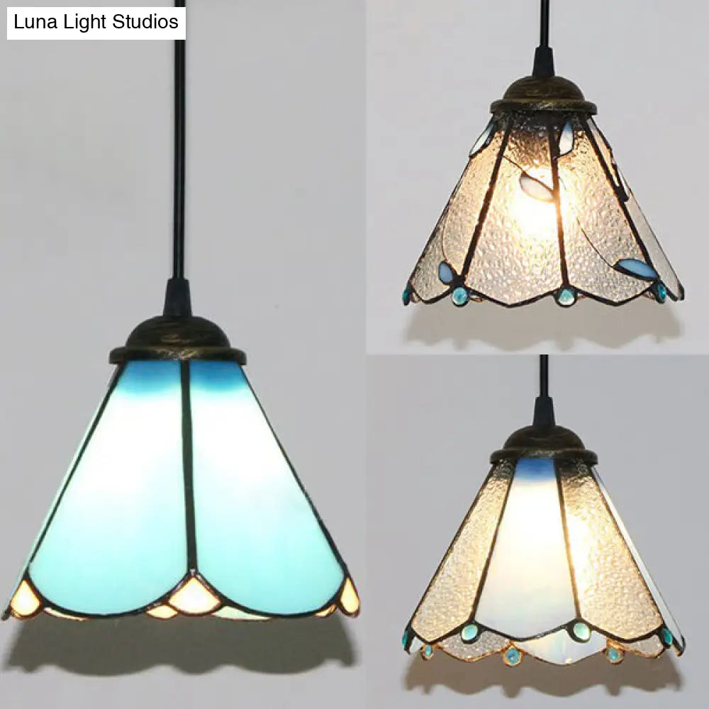 Blue & Clear Glass Tiffany Conical Pendant Light - Dining Room Ceiling Suspension Lamp