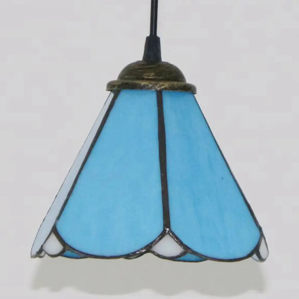 Blue & Clear Glass Tiffany Conical Pendant Light - Dining Room Ceiling Suspension Lamp