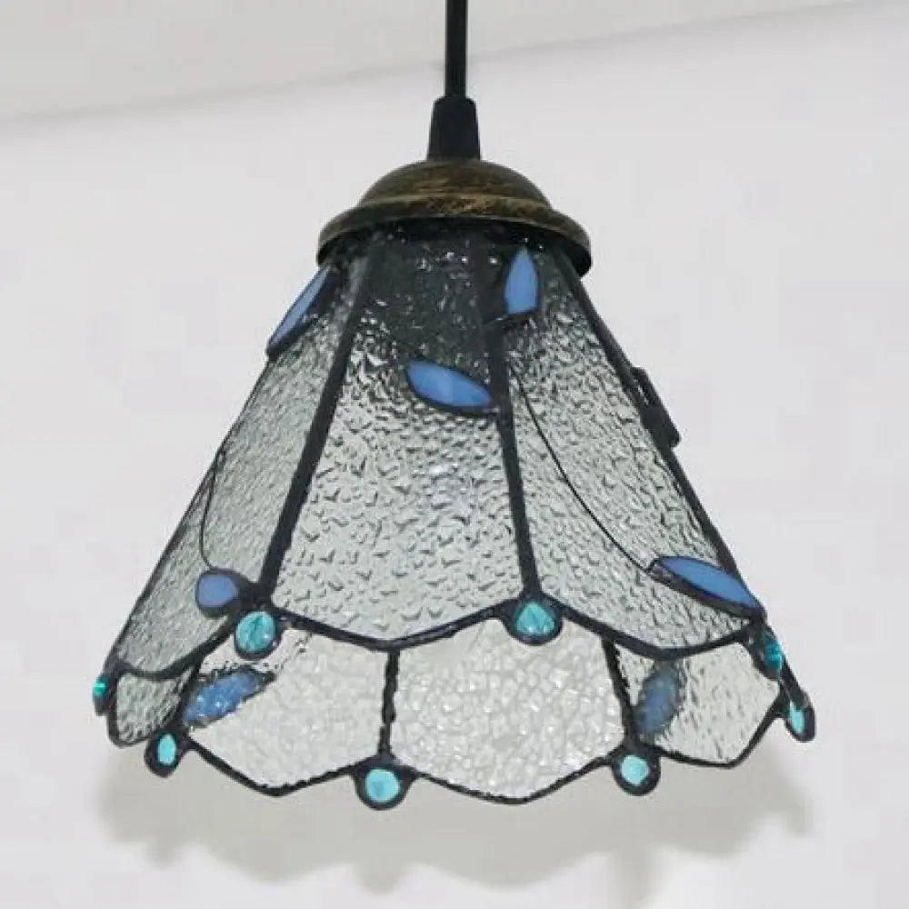 Blue & Clear Glass Tiffany Conical Pendant Light - Dining Room Ceiling Suspension Lamp