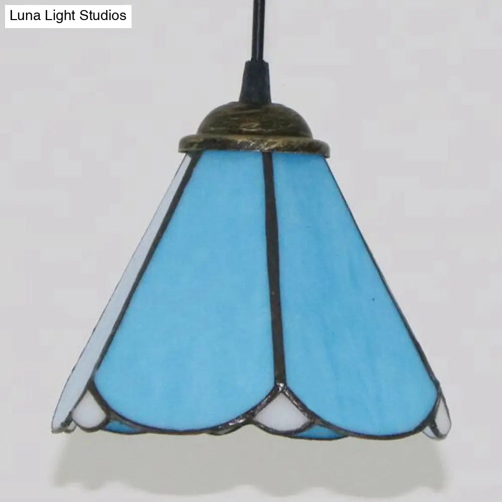 Blue & Clear Glass Tiffany Conical Pendant Light - Dining Room Ceiling Suspension Lamp