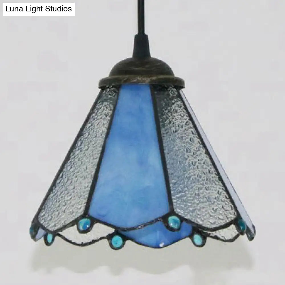 Blue & Clear Glass Tiffany Conical Pendant Light - Dining Room Ceiling Suspension Lamp