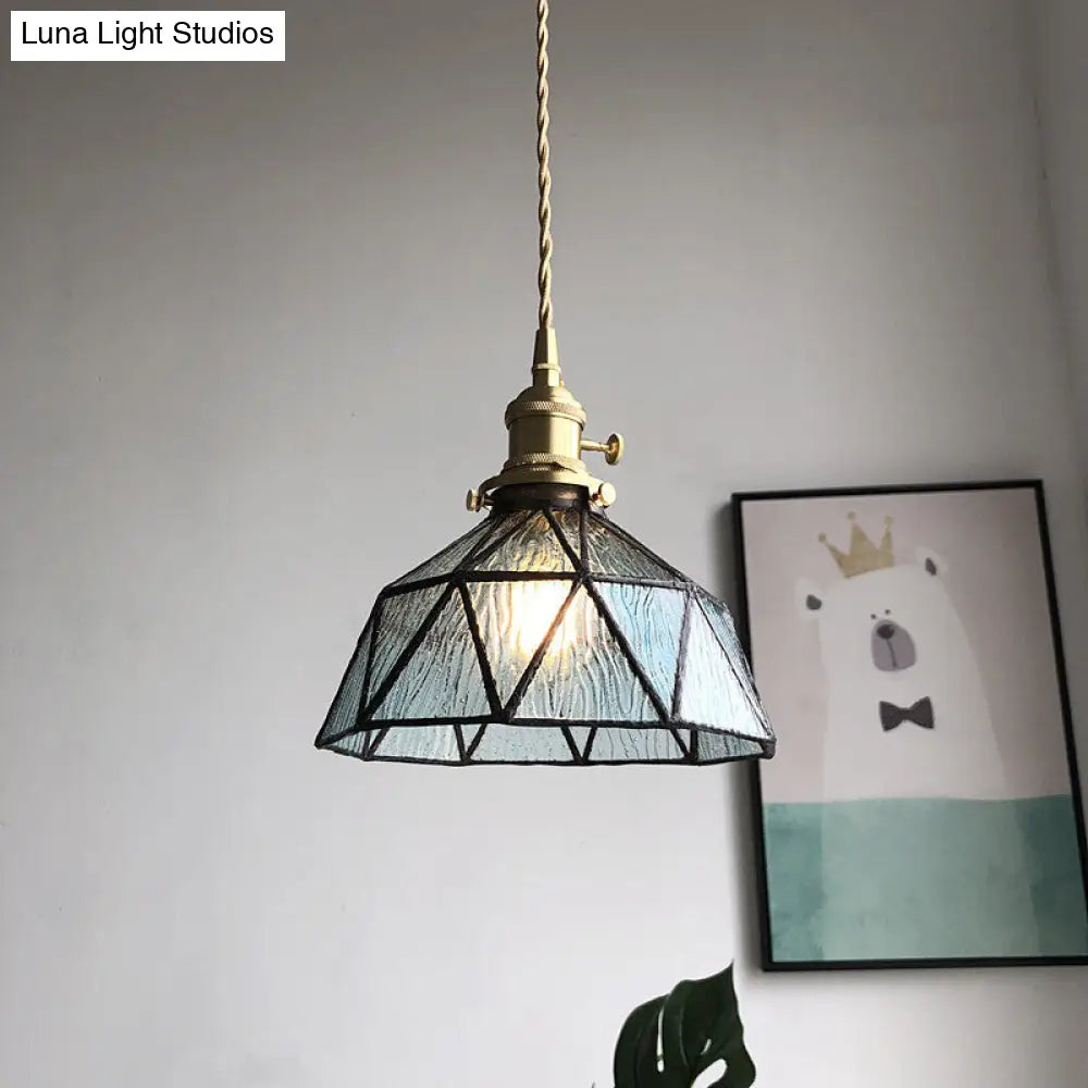 Blue/Clear Textured Glass Pendant with Brass accents - Country Style Hanging Ceiling Light