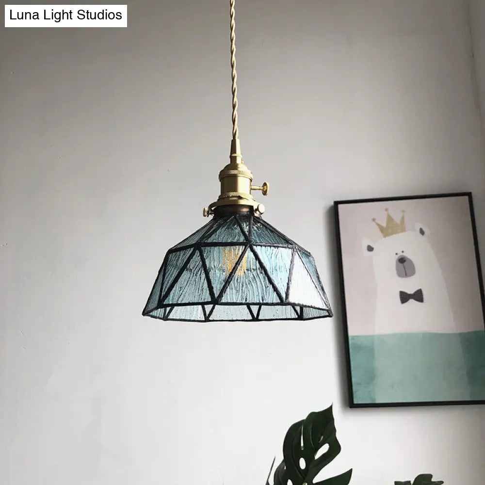 Blue/Clear Textured Glass Pendant with Brass accents - Country Style Hanging Ceiling Light