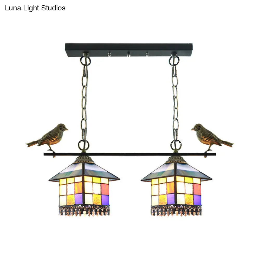 DecorBites™ Blue/Clear Tiffany Style Pendant Light - 2 Heads Living Room Island Hanging Lamp with Stainless Glass Shade