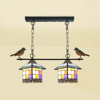 DecorBites™ Blue/Clear Tiffany Style Pendant Light - 2 Heads Living Room Island Hanging Lamp with Stainless Glass Shade